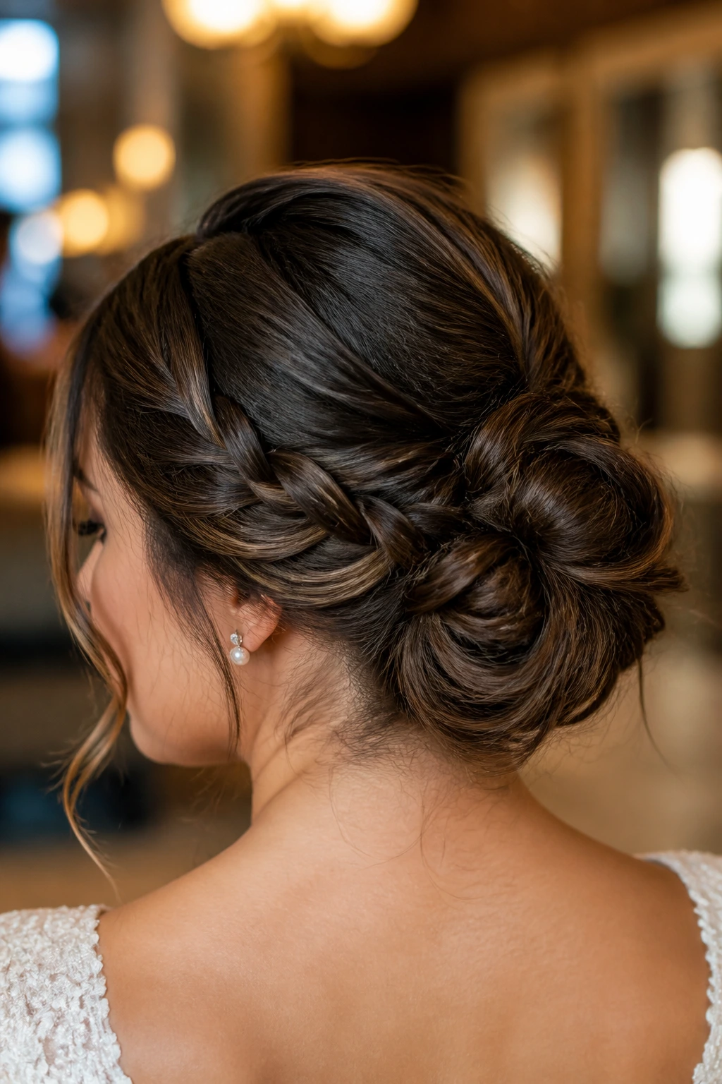 Close-up of a real woman wearing a braided bun secured with hidden pins