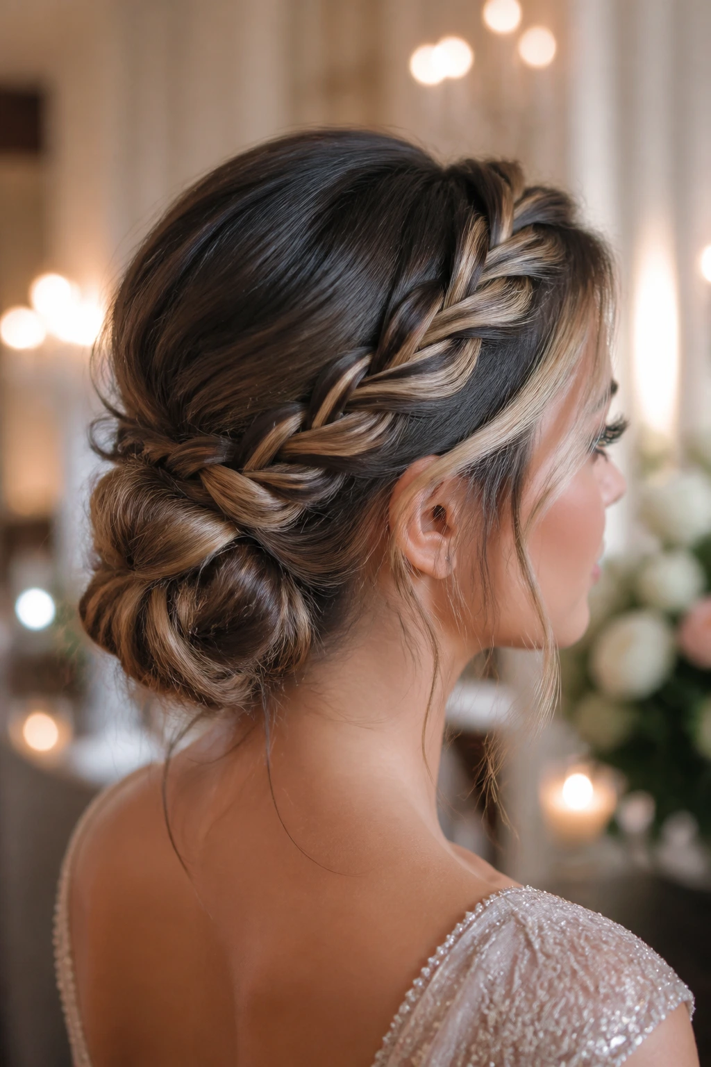 Portrait of a woman with a braided low bun and woven front highlights