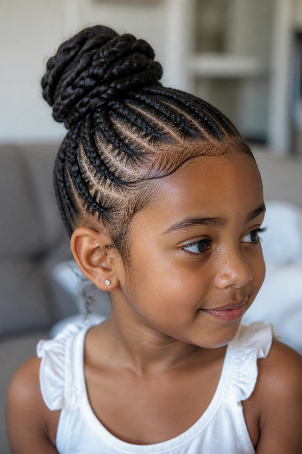 Close-up of a child with a neatly braided bun at the crown