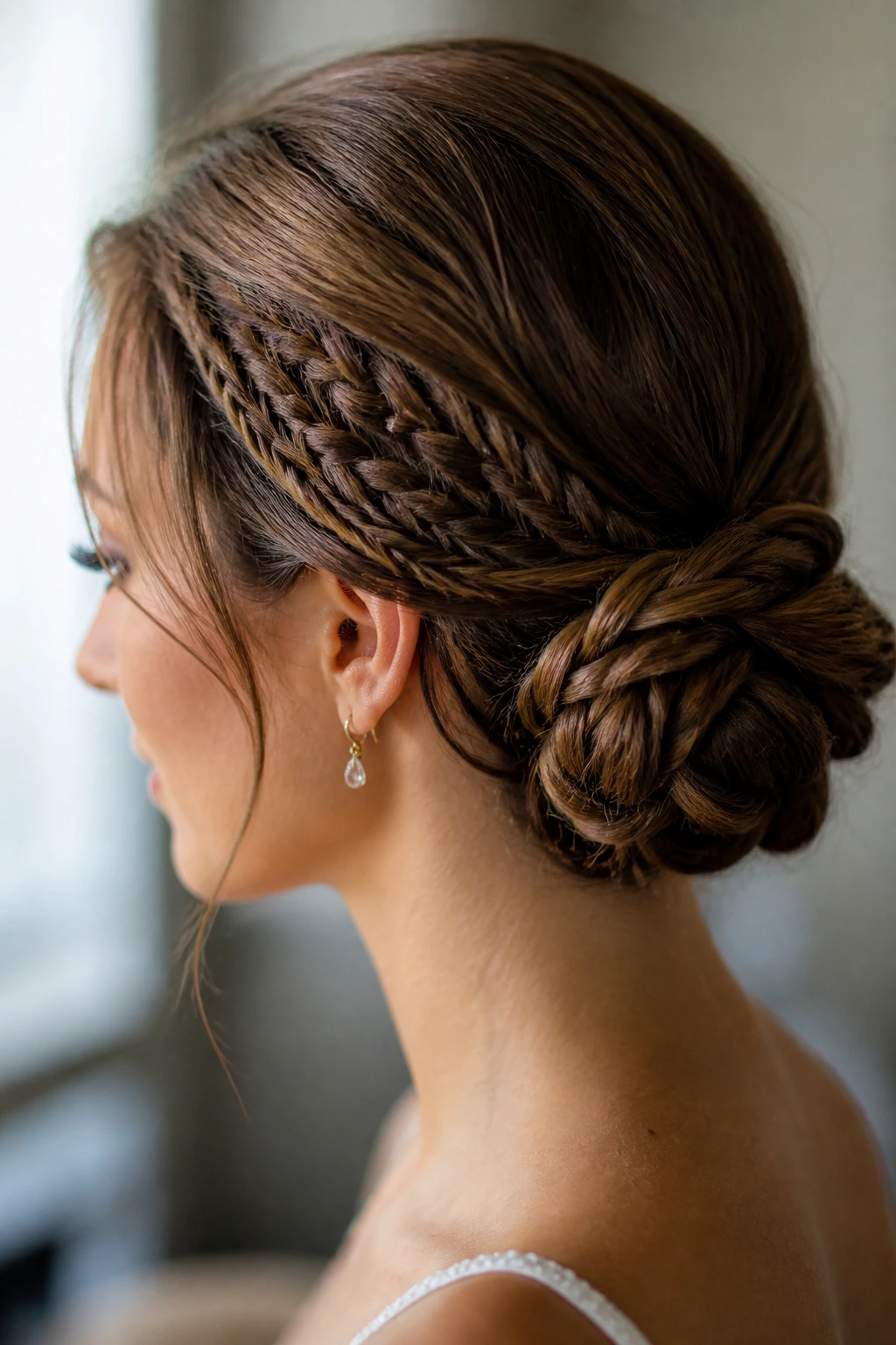 Real woman with braided bun and micro-braid accents