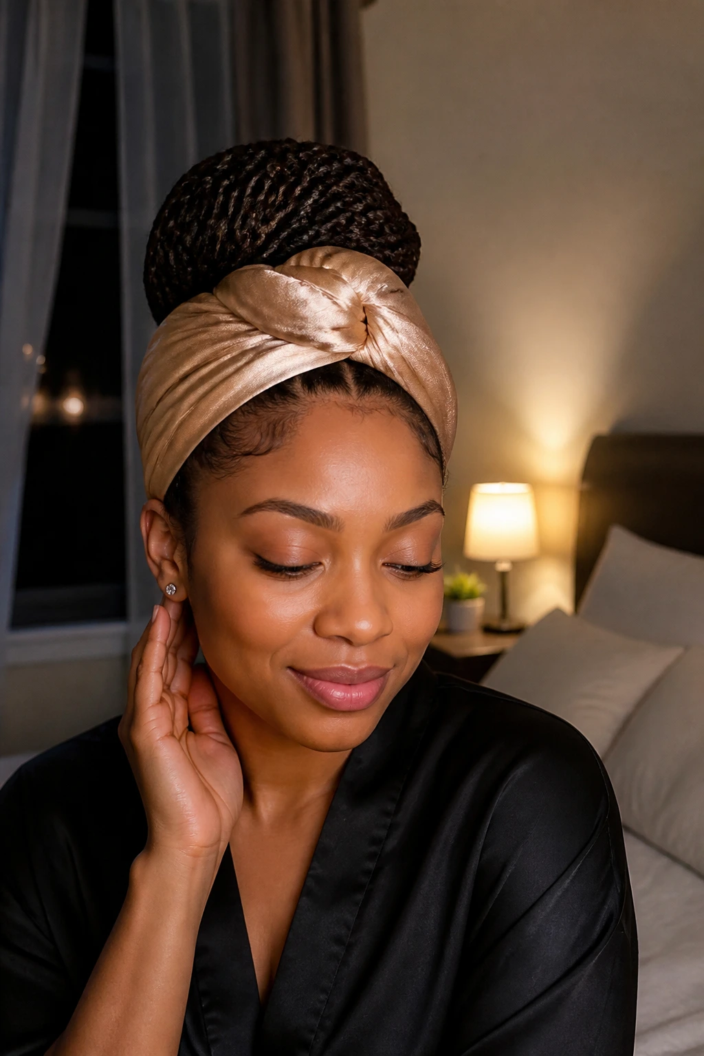 Close-up portrait of a real woman with braided bun and satin scarf in a dim bedroom