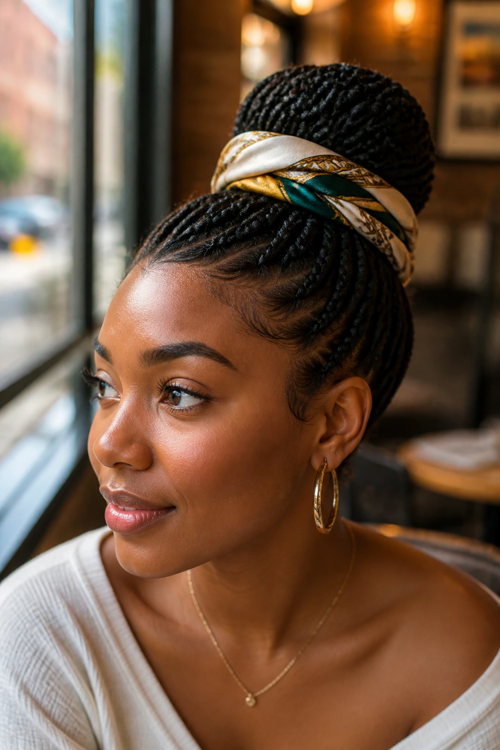 Close-up portrait of a real woman with a braided bun wrapped in a silk scarf