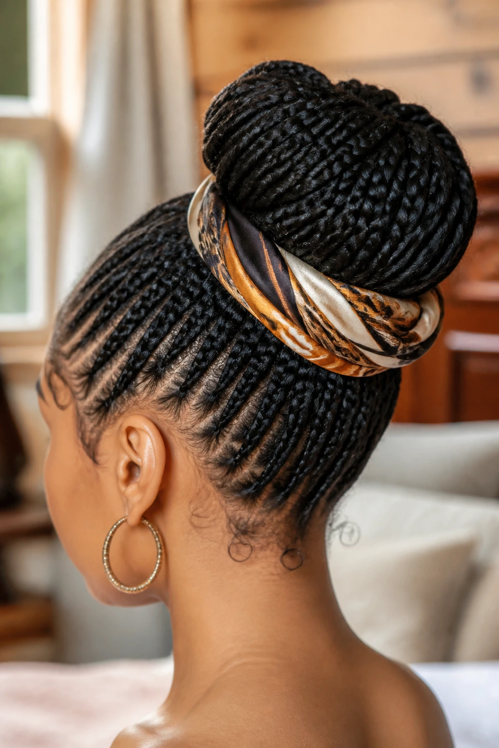 Close-up of a real person with a braided bun wrapped in a silk scarf, warm window light