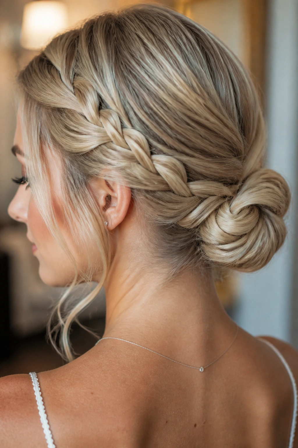 Close-up portrait of a real woman with braided bun at the nape.