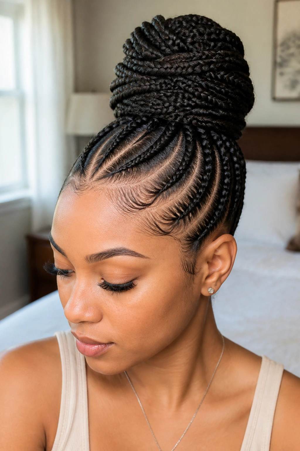 Close-up portrait of a woman displaying braided bun shapes across the crown for square-face balance