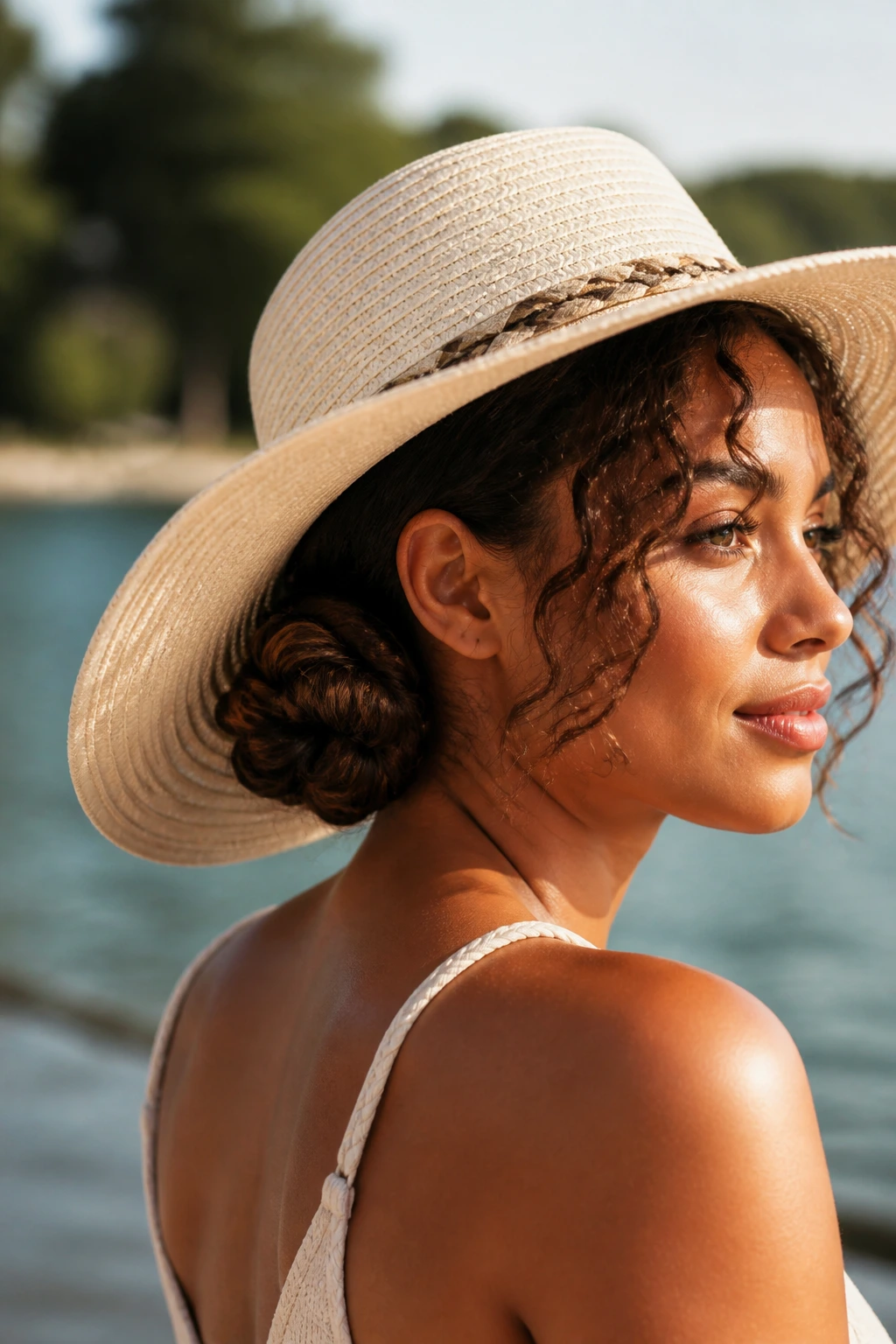 Real woman with braided bun under a sun hat by a lake