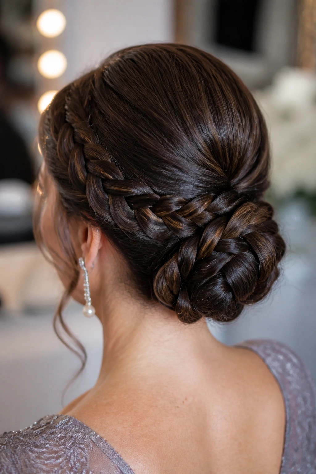 Close-up of Braided Bun on a real woman in a wedding prep room