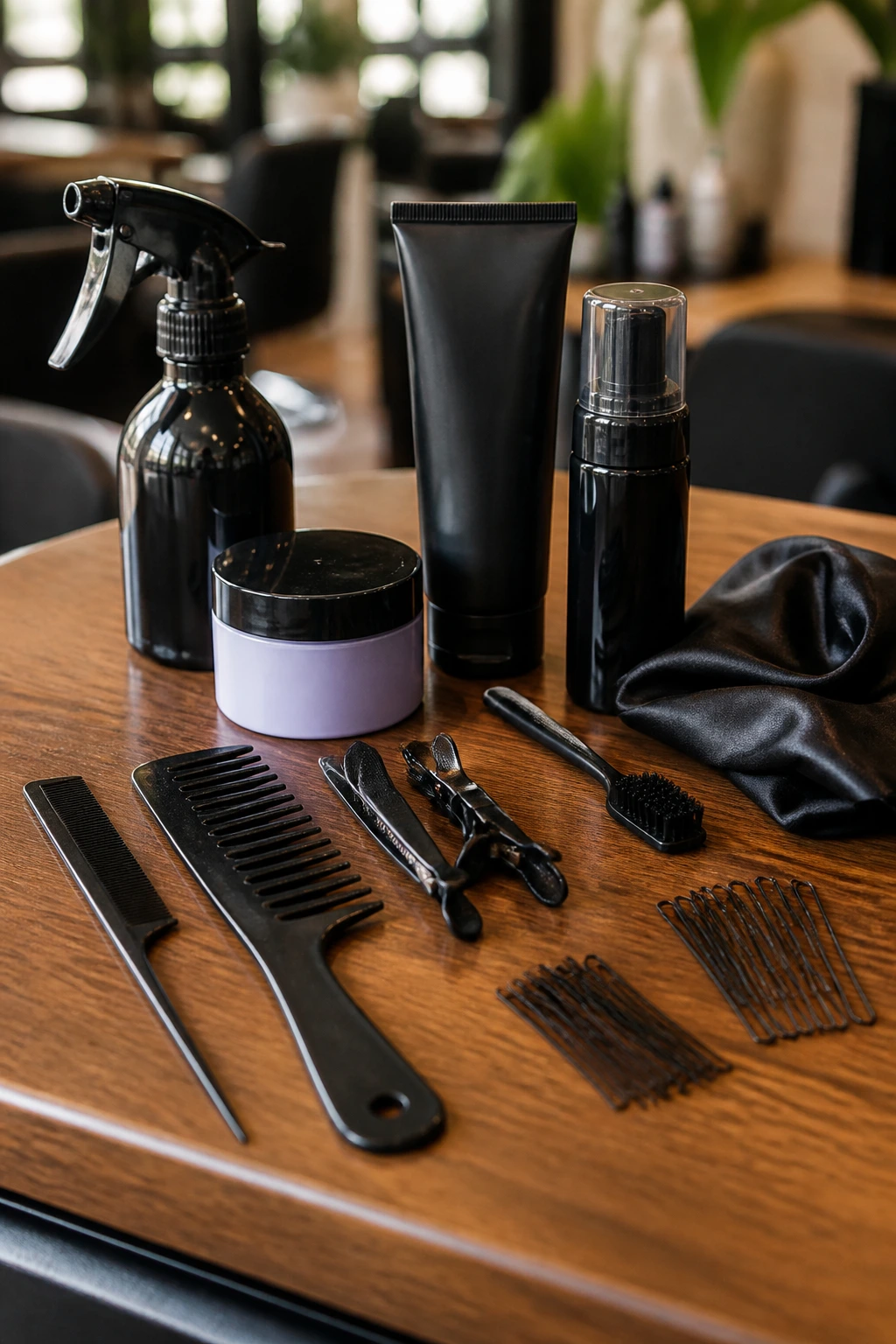 Close-up of professional hair tools for braided bun on salon counter