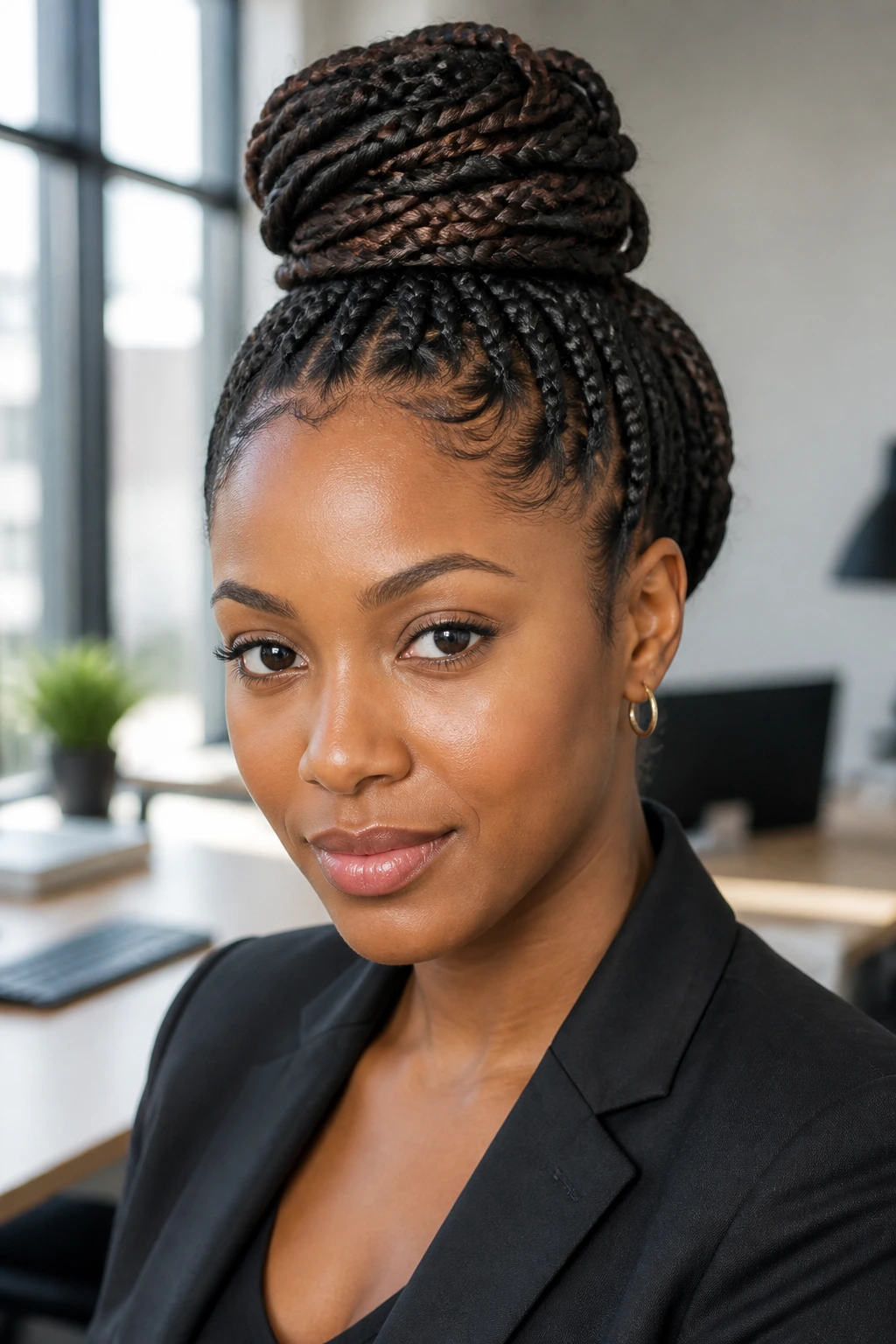 Close-up of a braided bun with deep brown underlayers on a real person