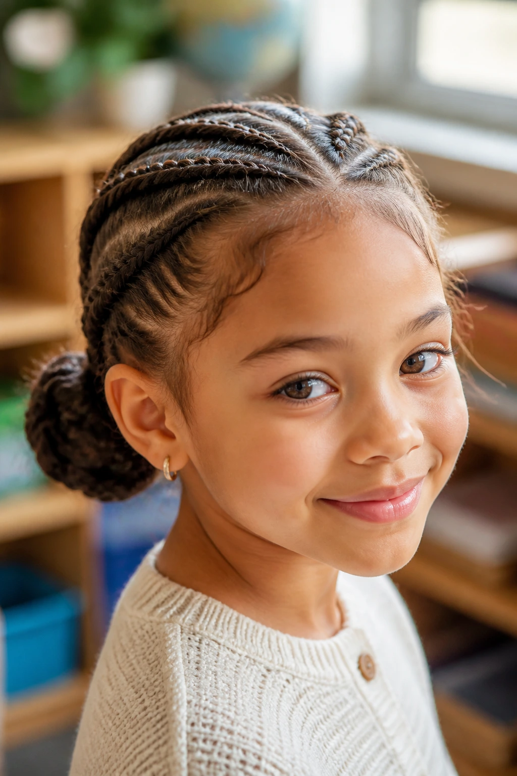 Close-up of a child with braided buns at the nape