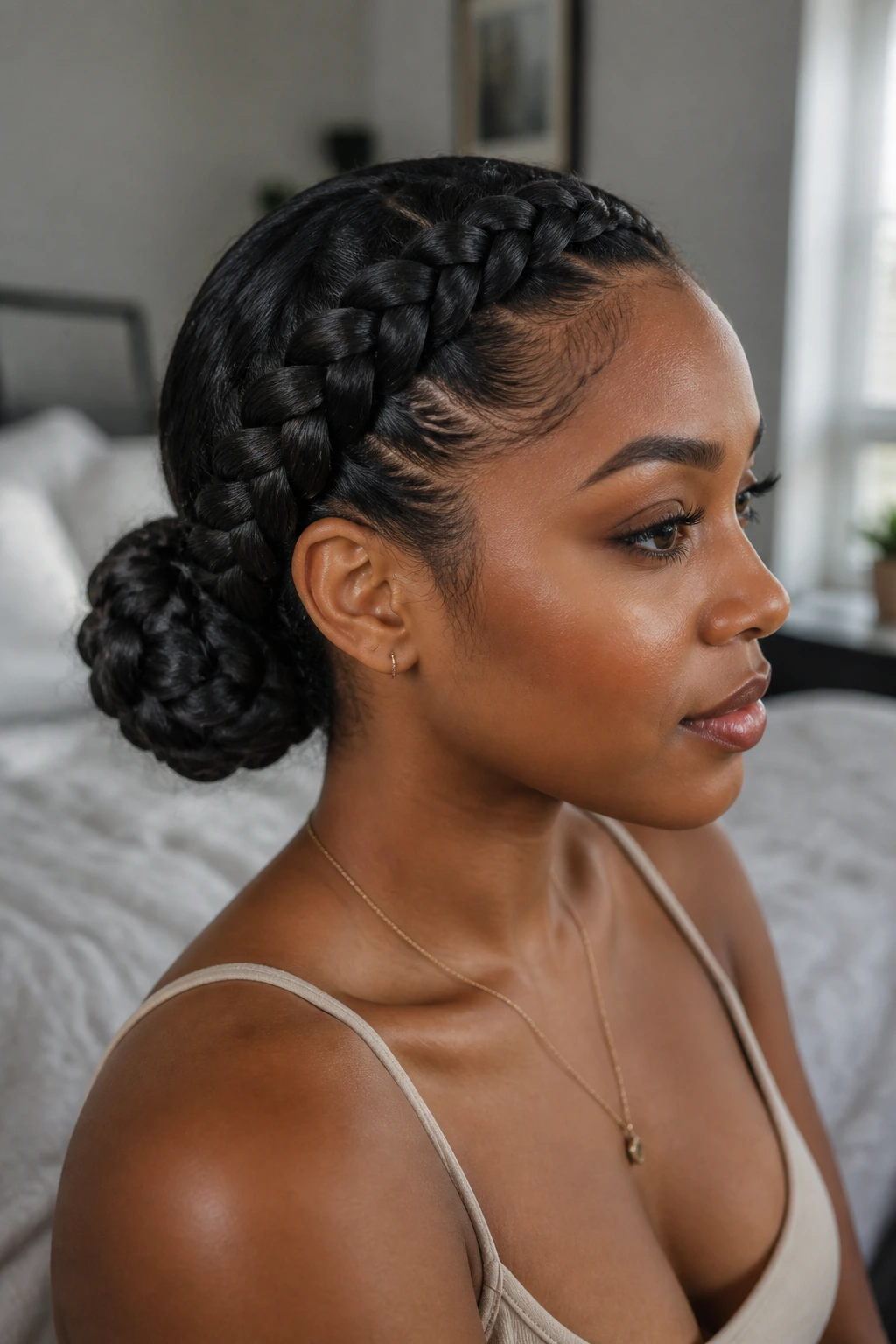 Close-up portrait of a real woman with a neatly braided bun at the back of the head