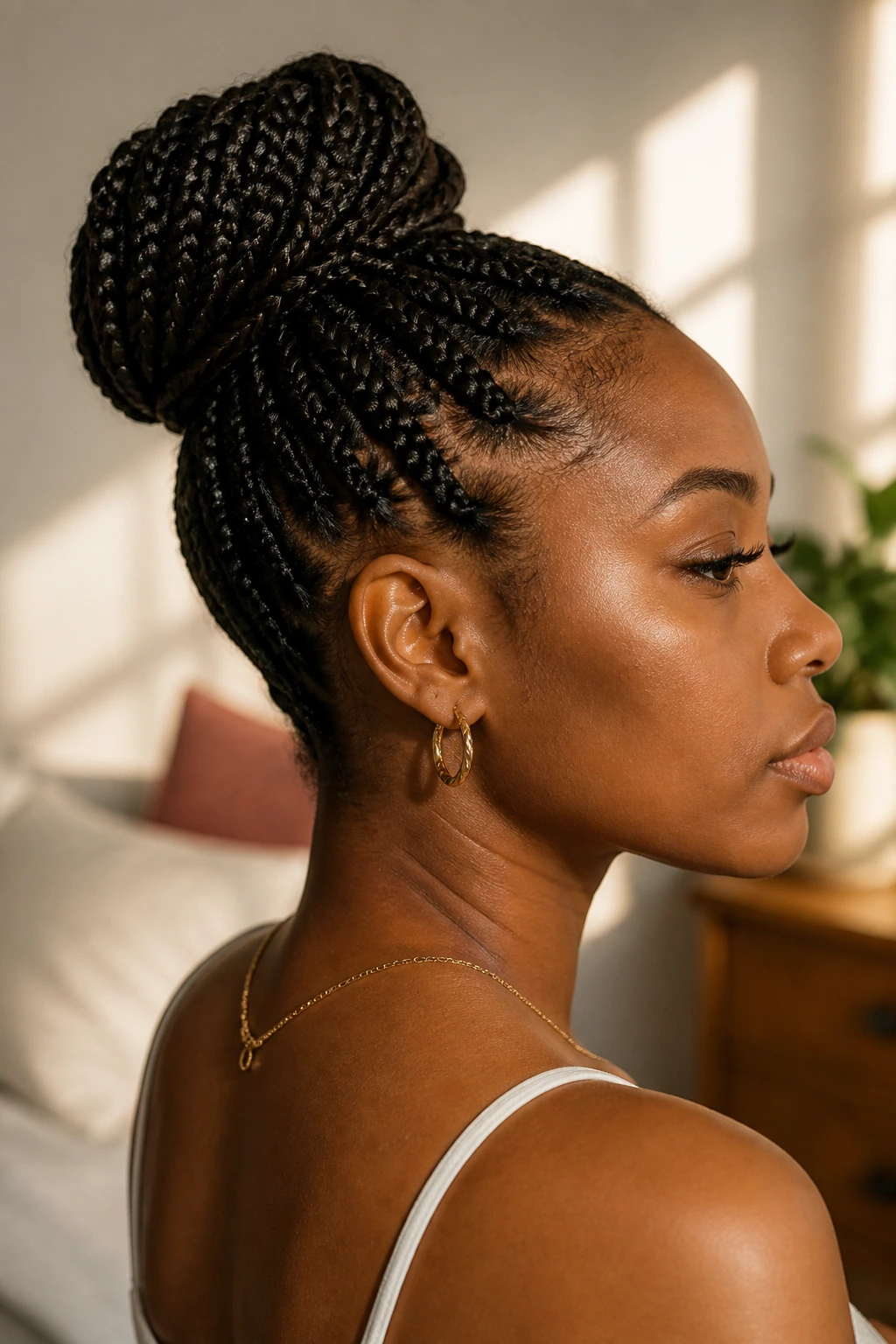 Close-up of a person wearing a braided bun, showing protective hairstyle