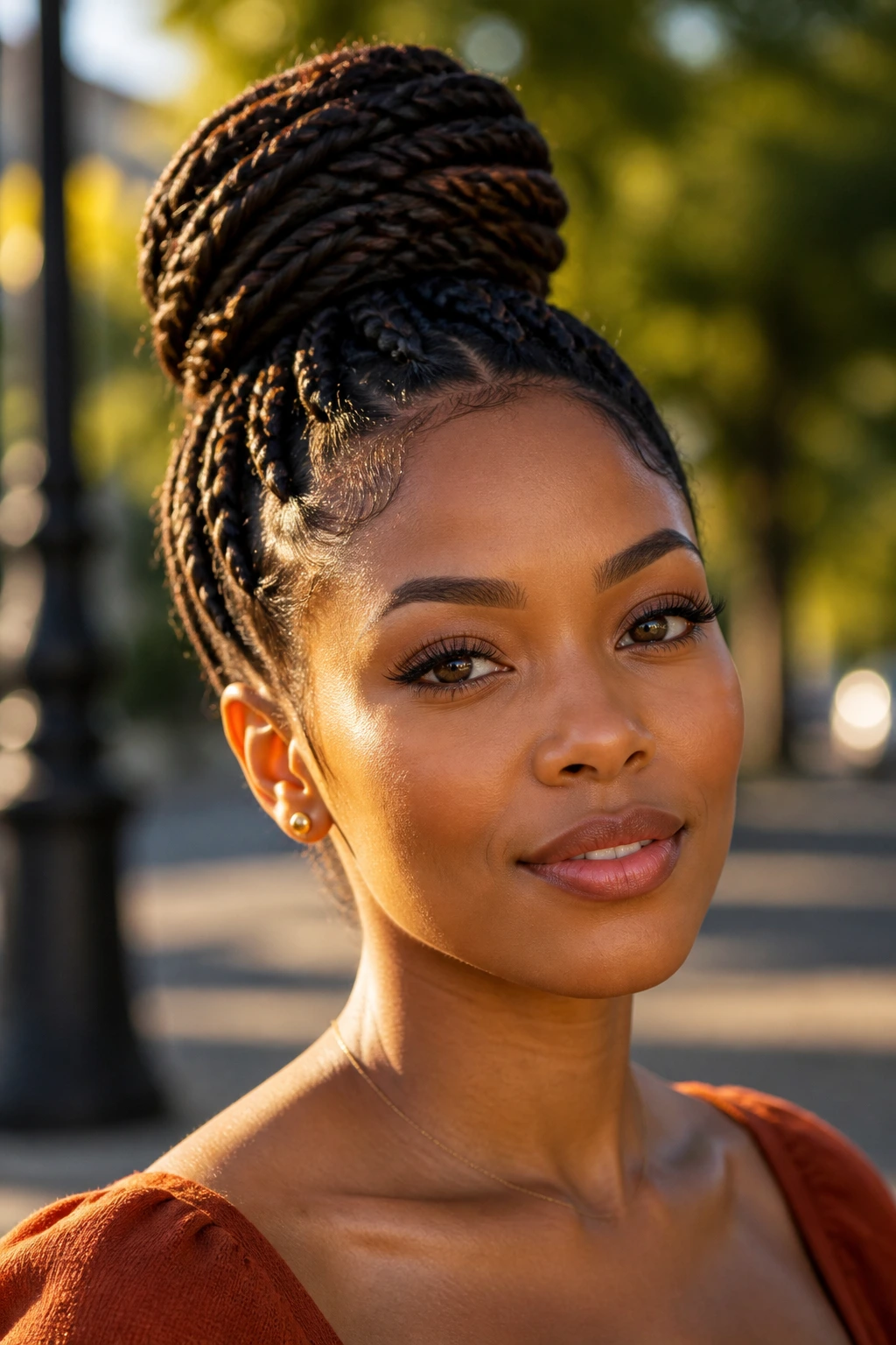 Portrait showing braided bun flattering a square face silhouette