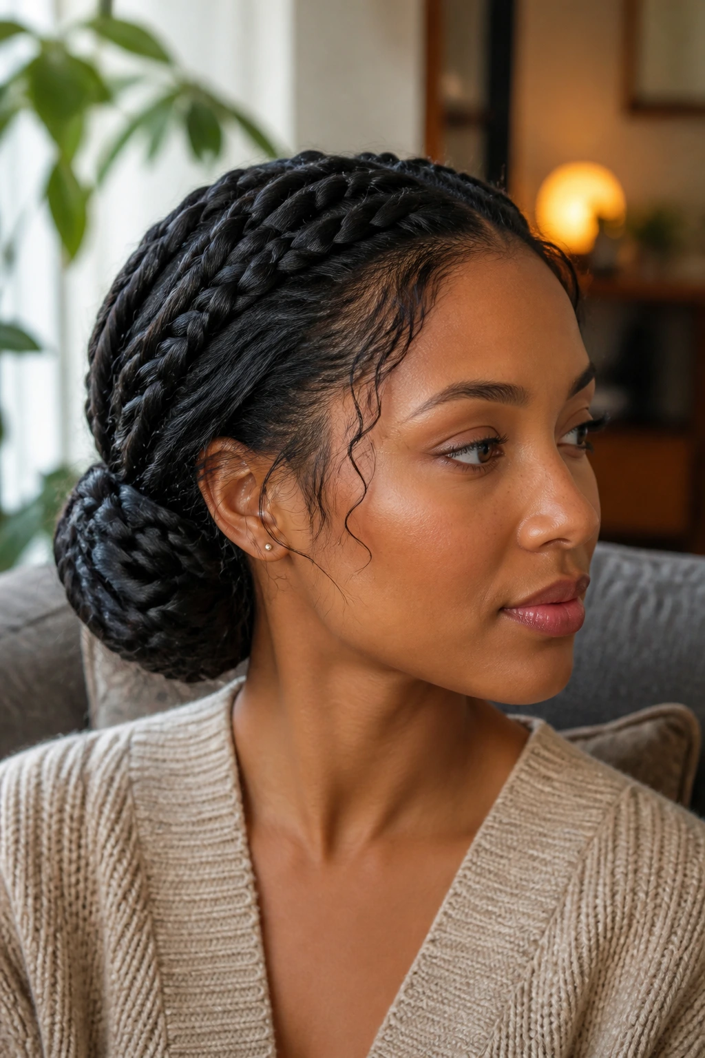 Real woman with a braided chignon in soft window light