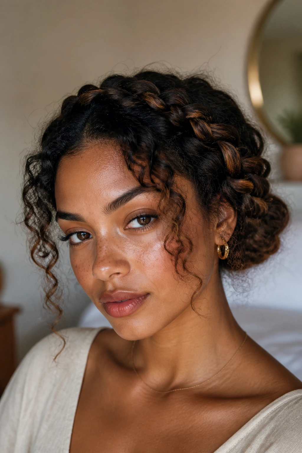 Close-up of a real woman with a braided chignon and soft halo of curls around the face
