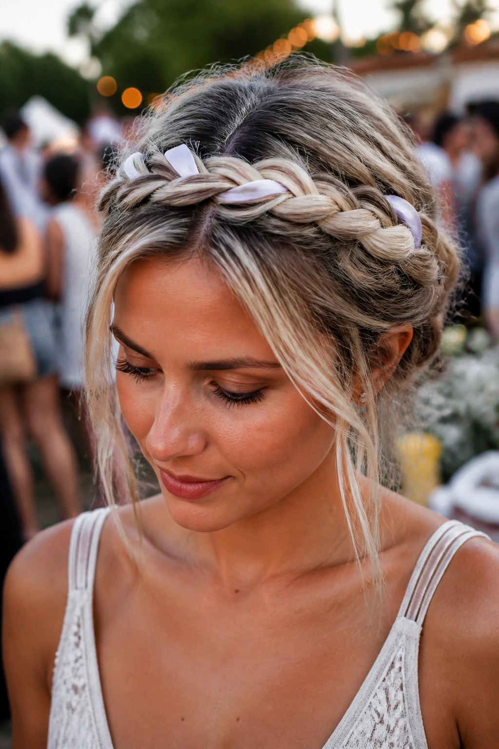 Close-up of a woman with a braided crown and platinum ribbons on tan skin