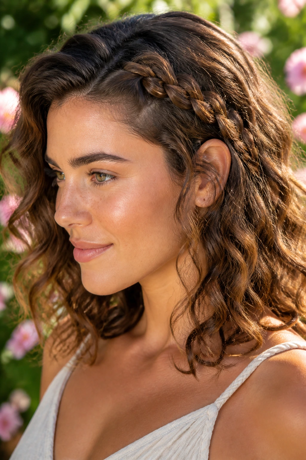 Close-up of woman with braided crown accent along hairline