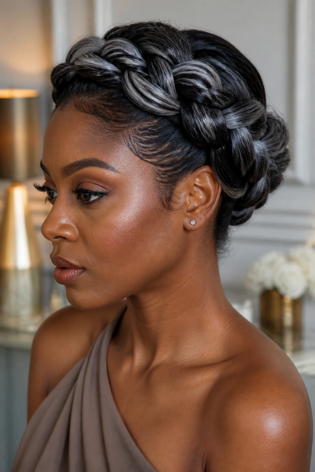 Close-up portrait of a real person with Braided Crown Updo Ash Gray accents, deep skin, indoor light.