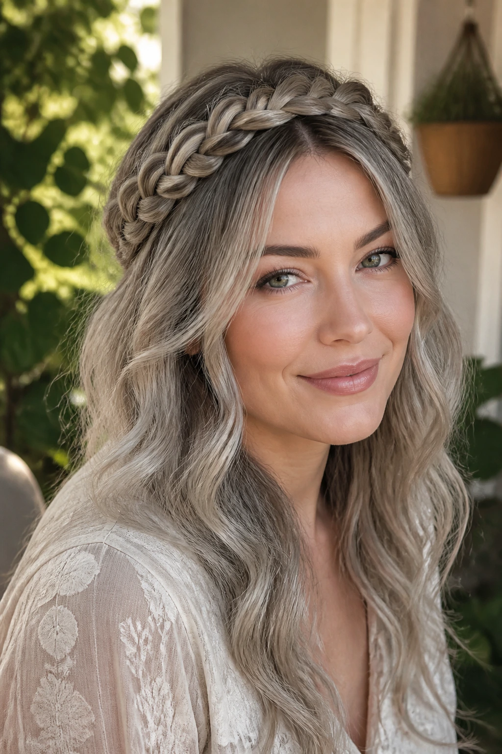 Portrait of a woman with a braided crown on loose ash waves.