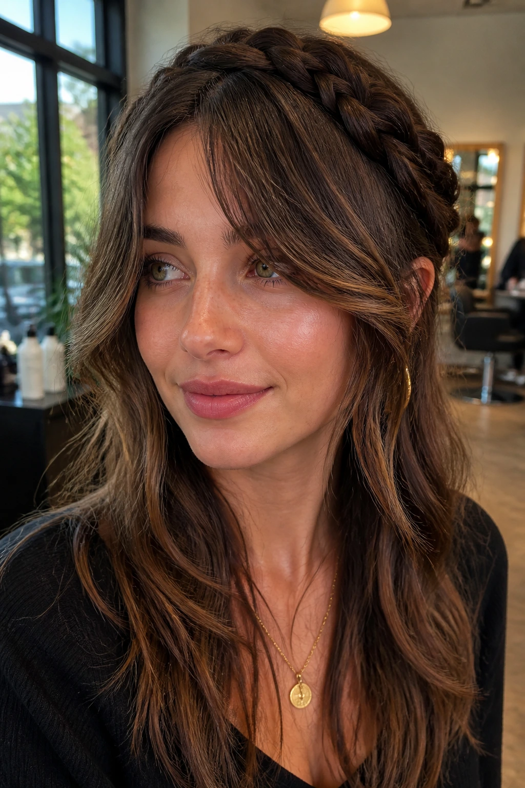 Close-up of real woman wearing braided crown with floating bangs in warm salon light