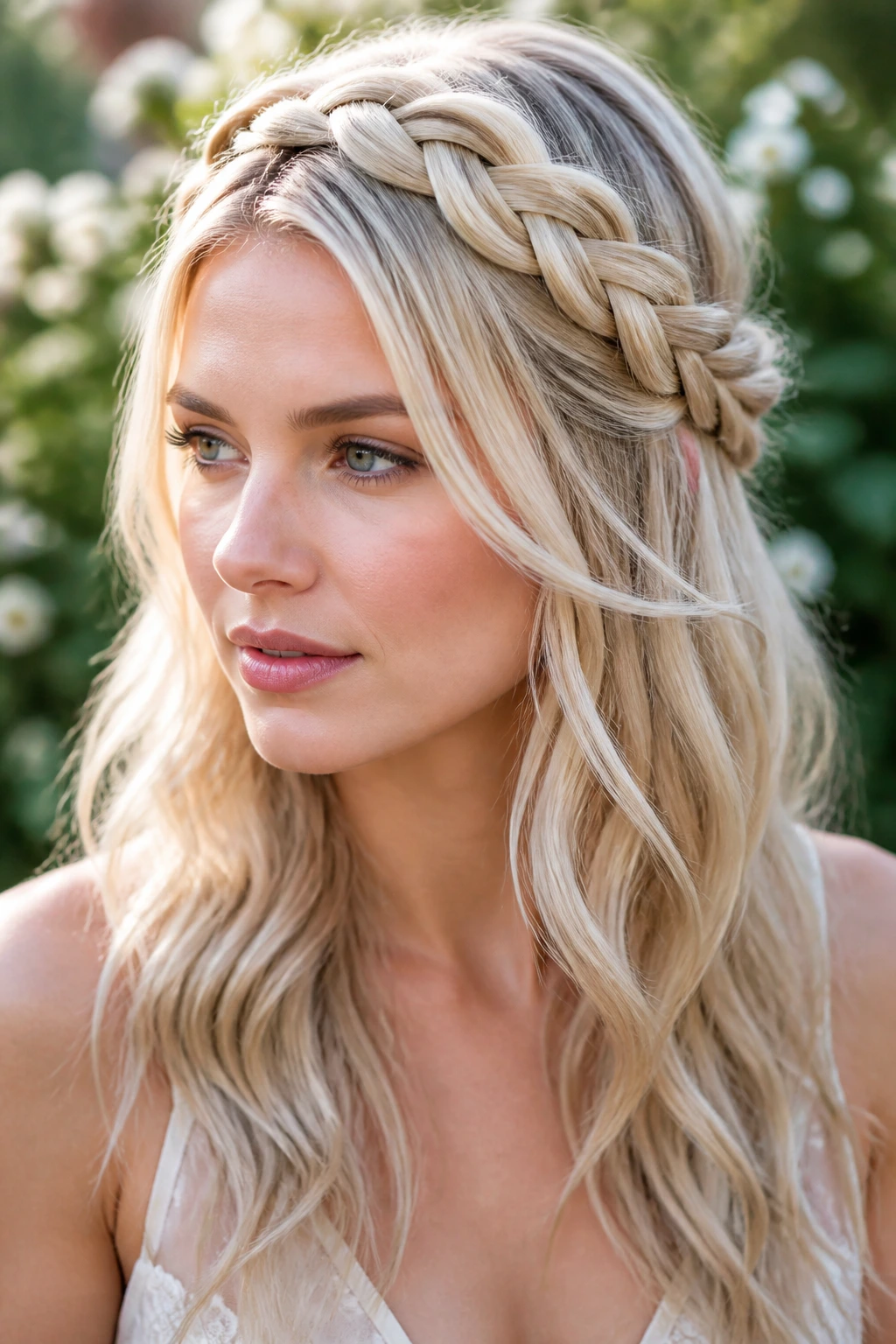 Portrait of a woman with a crown braid around long cool blonde hair in outdoor light