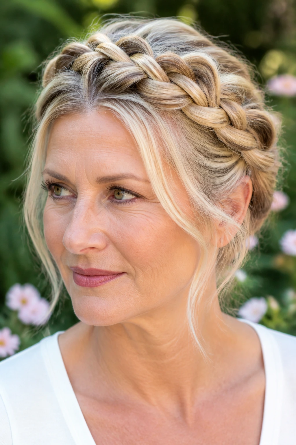 Portrait of a woman wearing a braided crown with dimensional blonde pieces outdoors