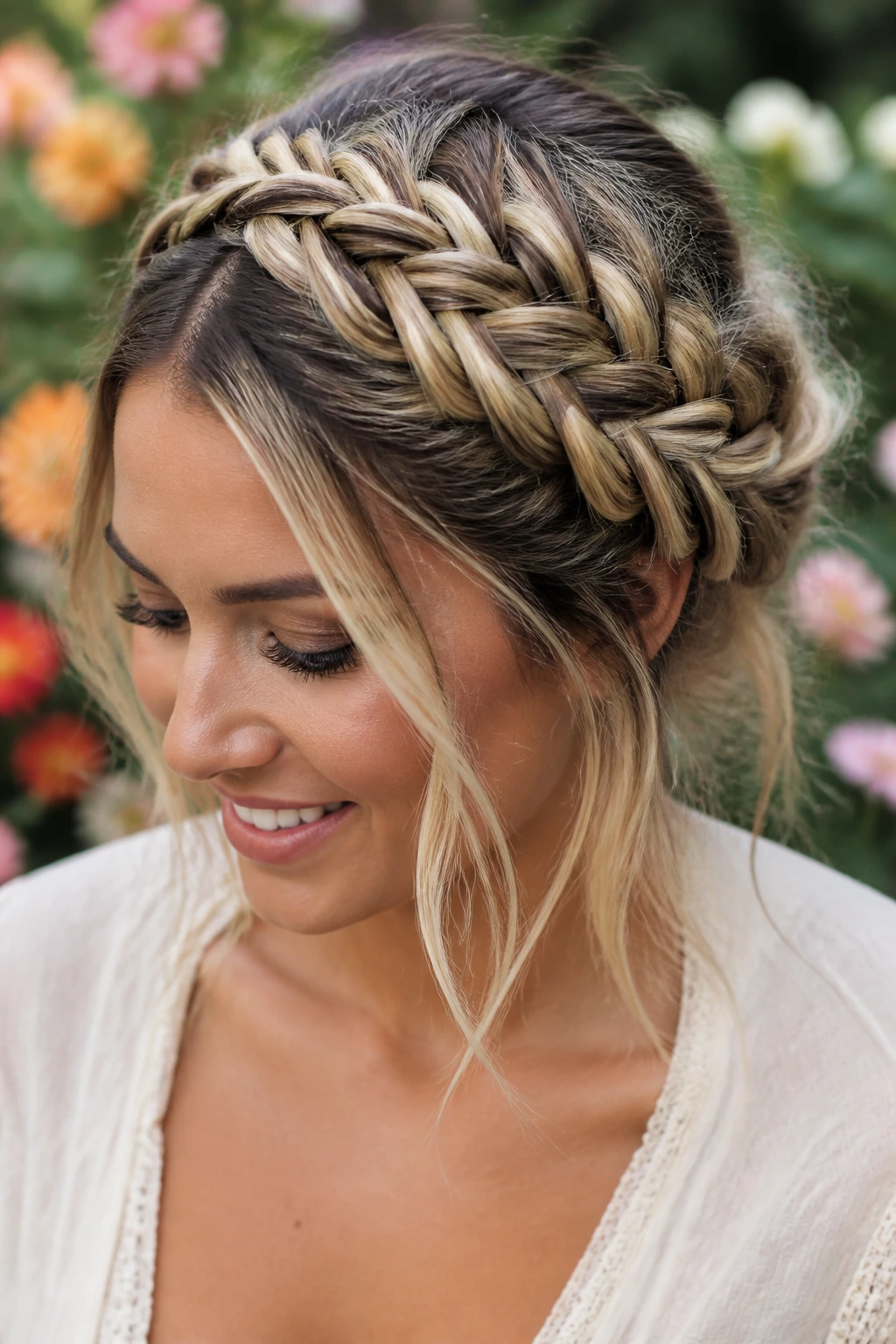Close-up of a real woman with a braided crown of mixed blonde strands in a sunlit garden