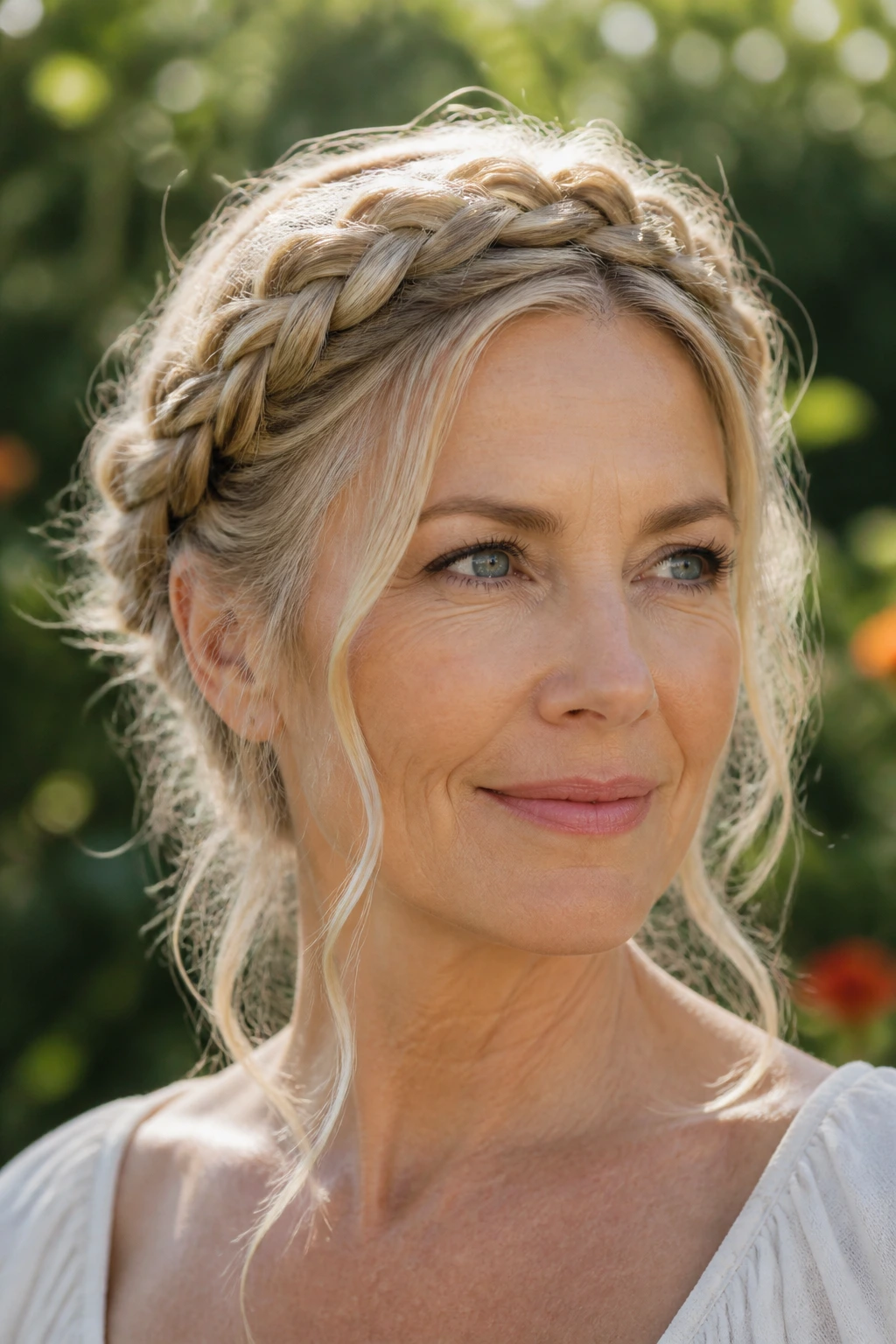 Portrait of woman with braided crown and soft tendrils in blonde hair outdoors in a garden.