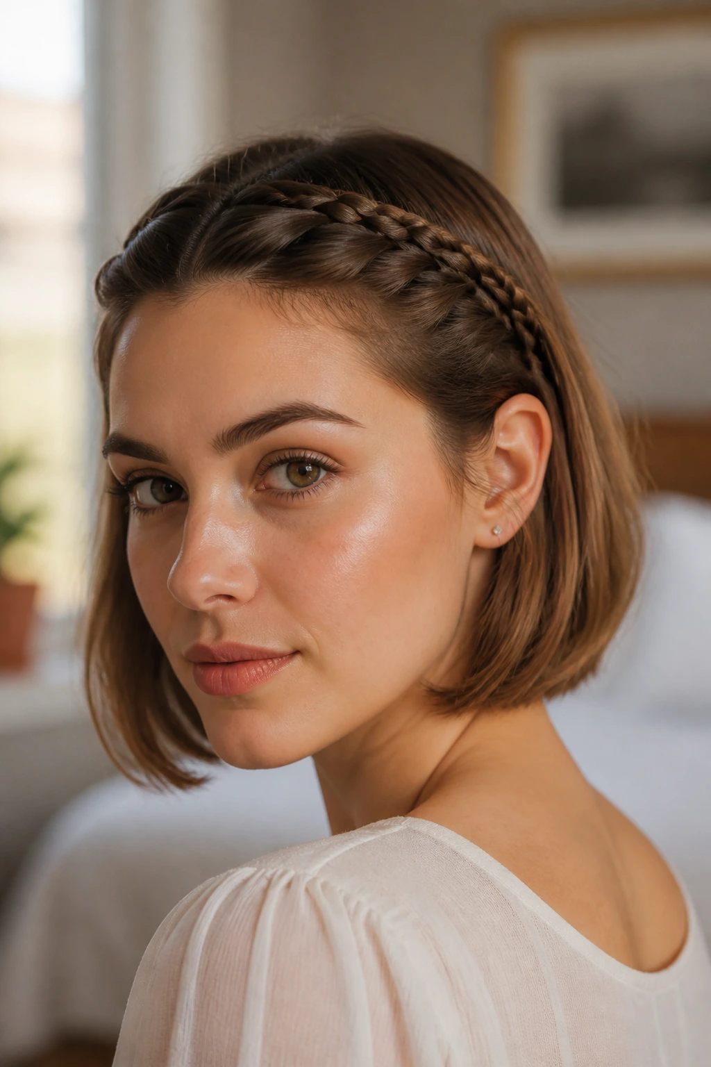 Close-up of a woman with a slim braided crown along a short bob