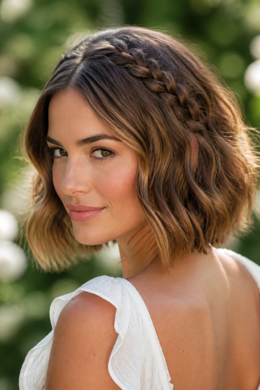 Close-up portrait of a woman with a braided crown detail on a bob and loose waves.