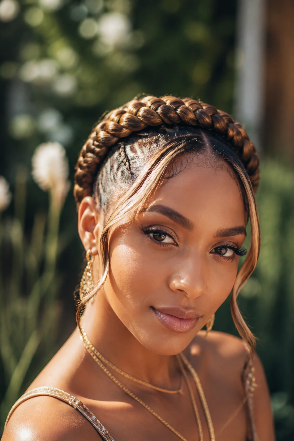 Close-up portrait of a real person with a braided crown and bold money pieces in soft daylight