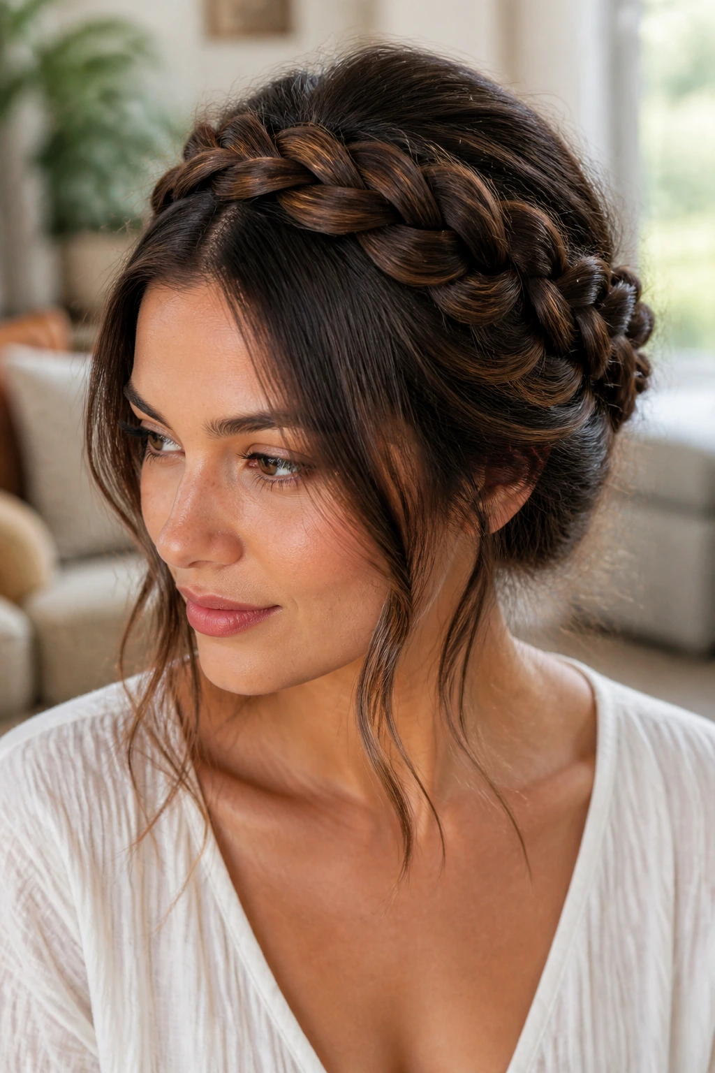Brunette woman wearing a loose braided crown with front pieces released