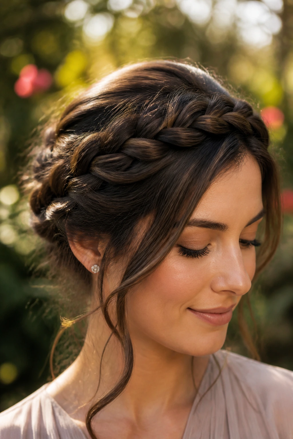 Close-up of a real woman with an espresso braided crown outdoors
