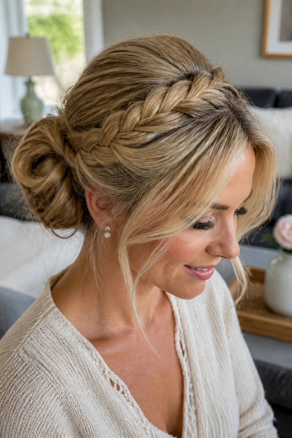 Close-up of braided crown bun with lifted roots on a real person.