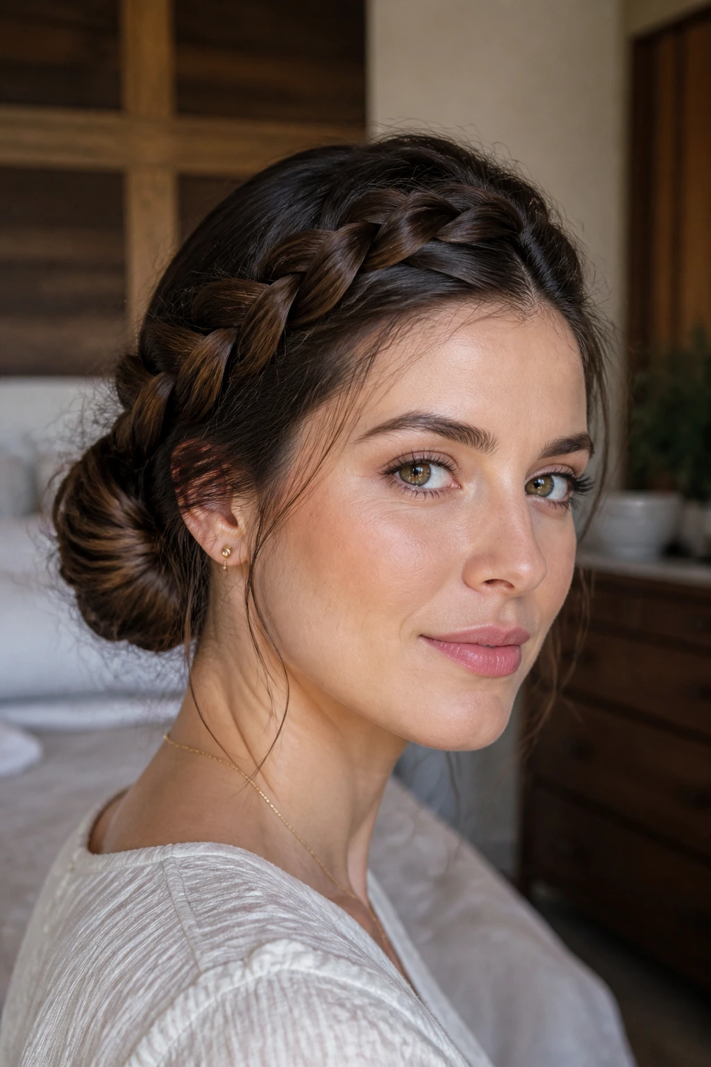Close-up of a real woman with a crown braid and low bun, thick hair, soft lighting