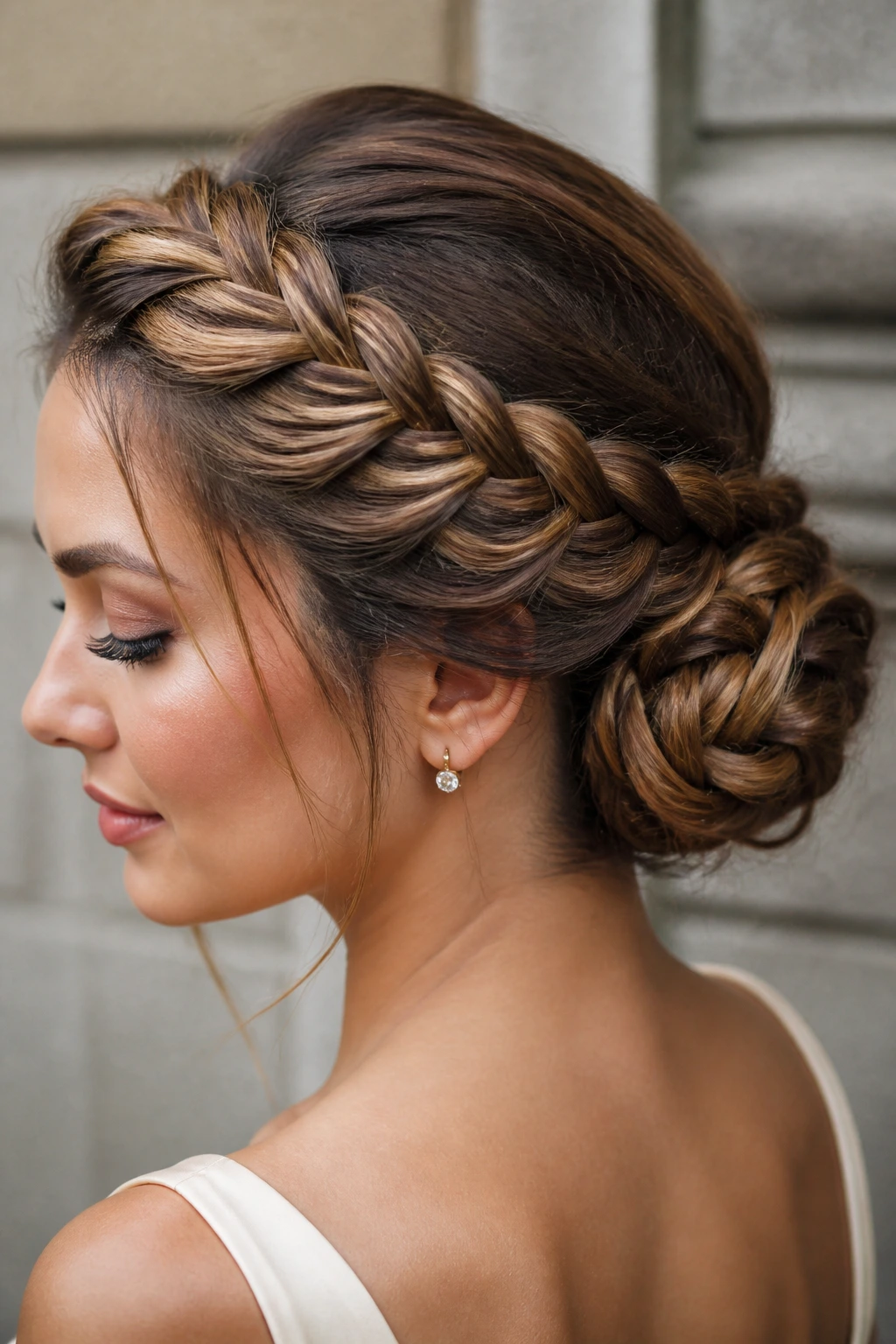 Close-up of braided crown bun with caramel highlights on a real person