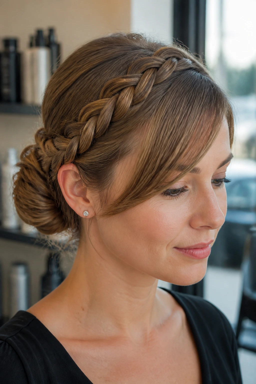 Close-up of a real woman with a braided crown bun and side-swept bangs.