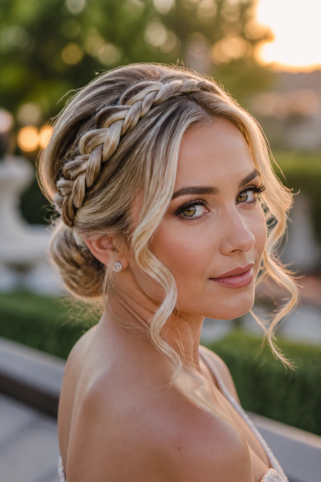Portrait of a woman with braided crown bun and curled front strands