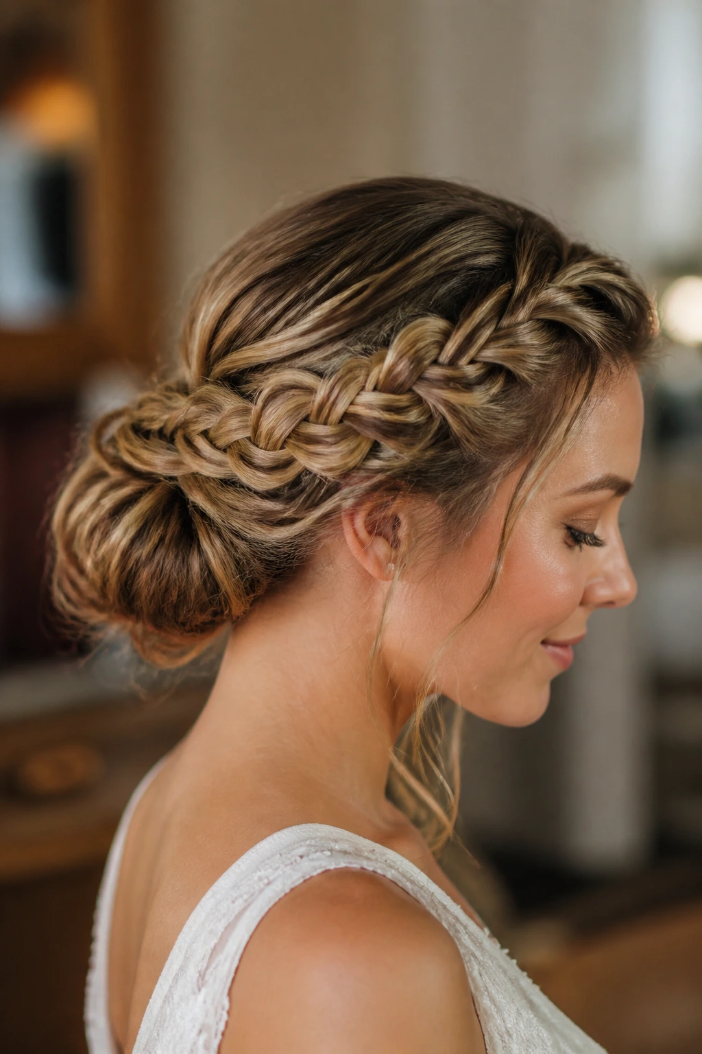 Profile view of a real woman with a braided crown bun