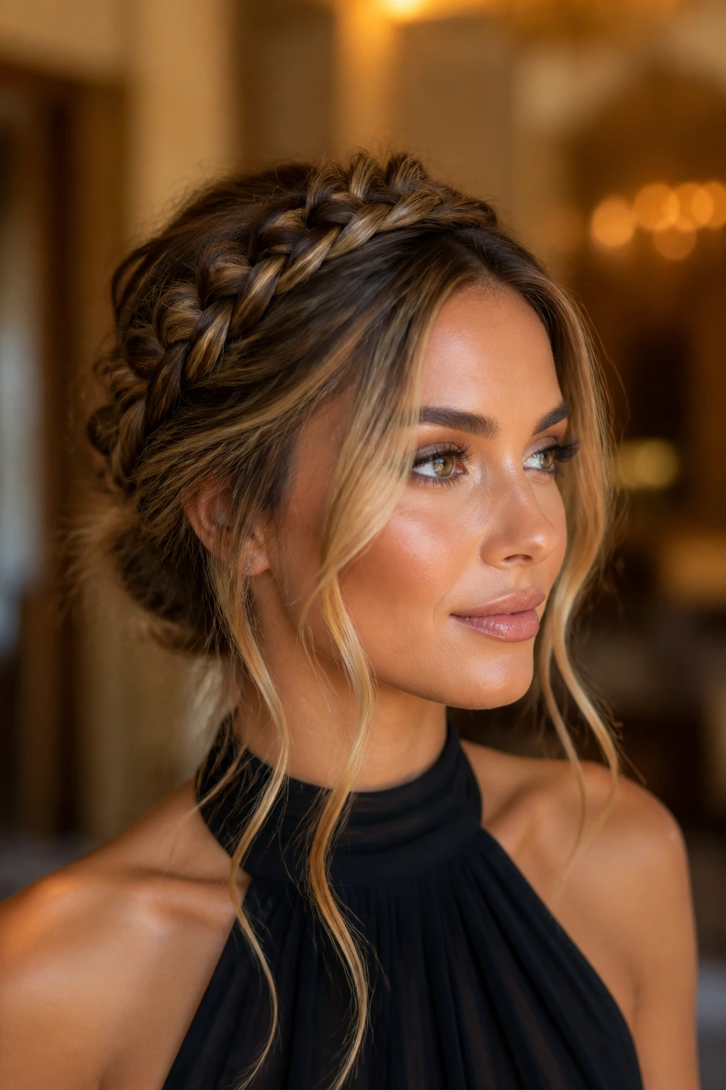 Real woman with braided crown bun and money piece highlights framing the face