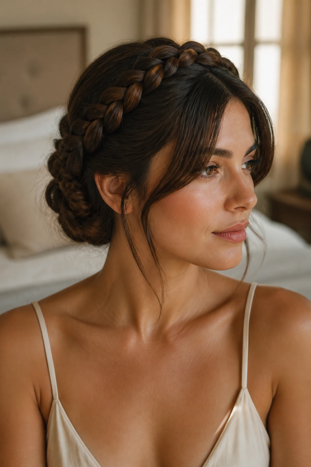Close-up of a real woman with a thick braided crown bun and curtain bangs.