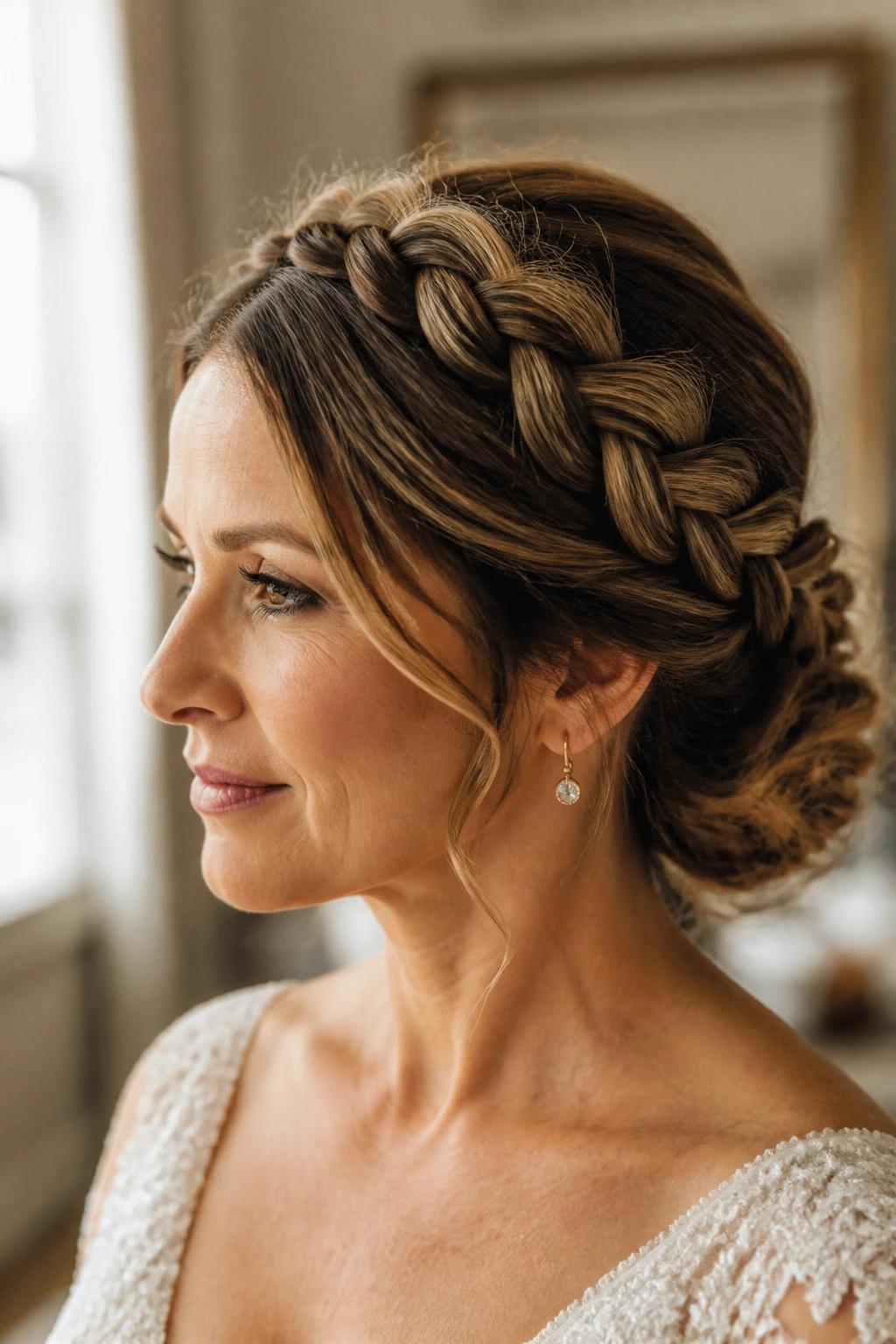 Close-up of a real woman with a crown braid and low bun in a bridal room.