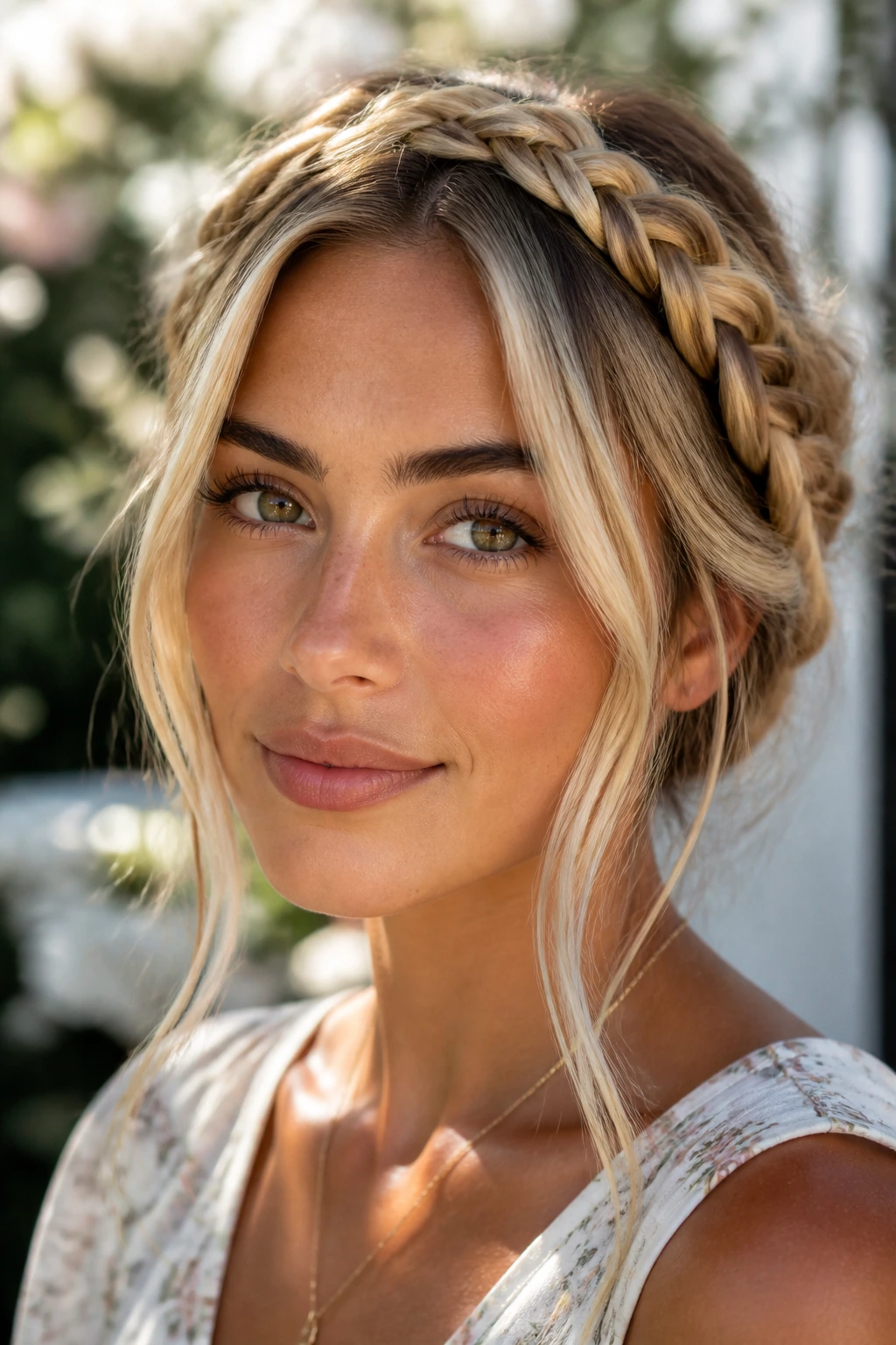 Close-up portrait of a real woman with braided crown and buttery strands