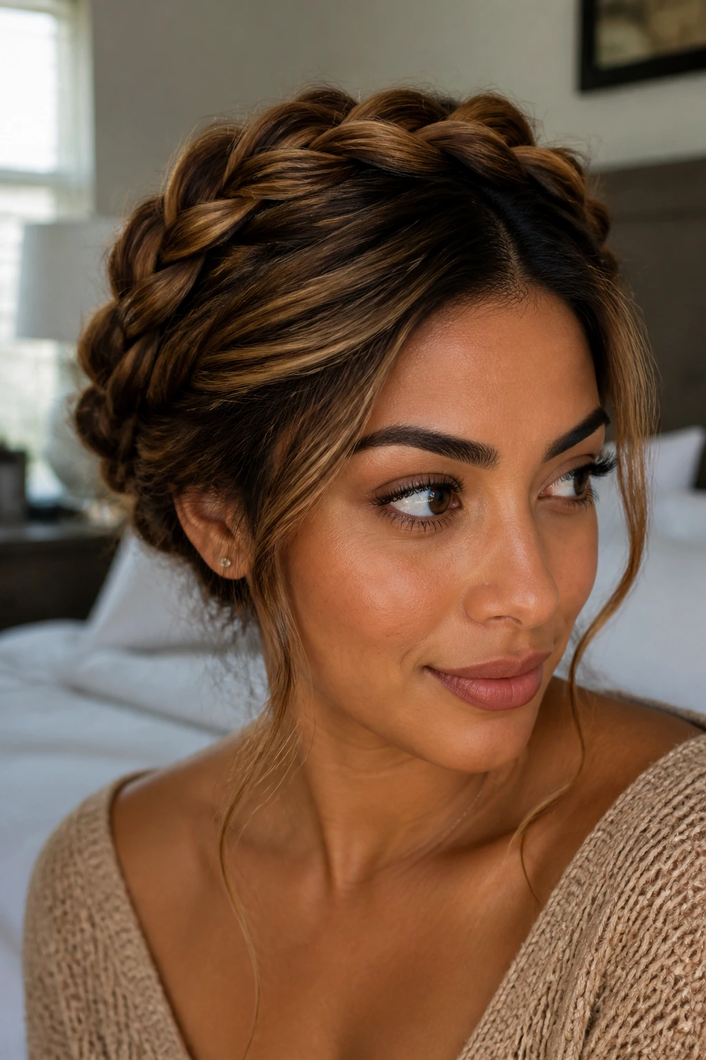 Close-up portrait of a real woman with a braided crown showing caramel dimension in warm light