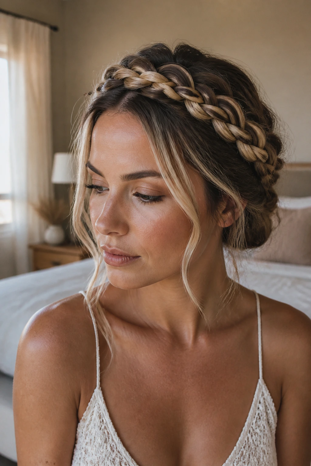 Close-up portrait of a woman wearing a champagne braided crown on dark hair under natural window light