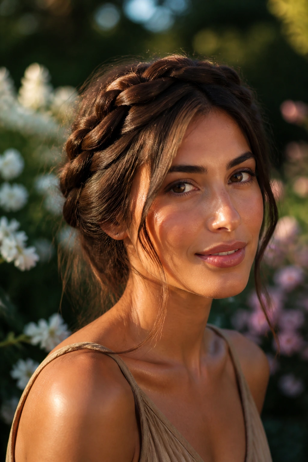 Close-up portrait of a real woman wearing a cocoa braided crown in warm golden-hour light