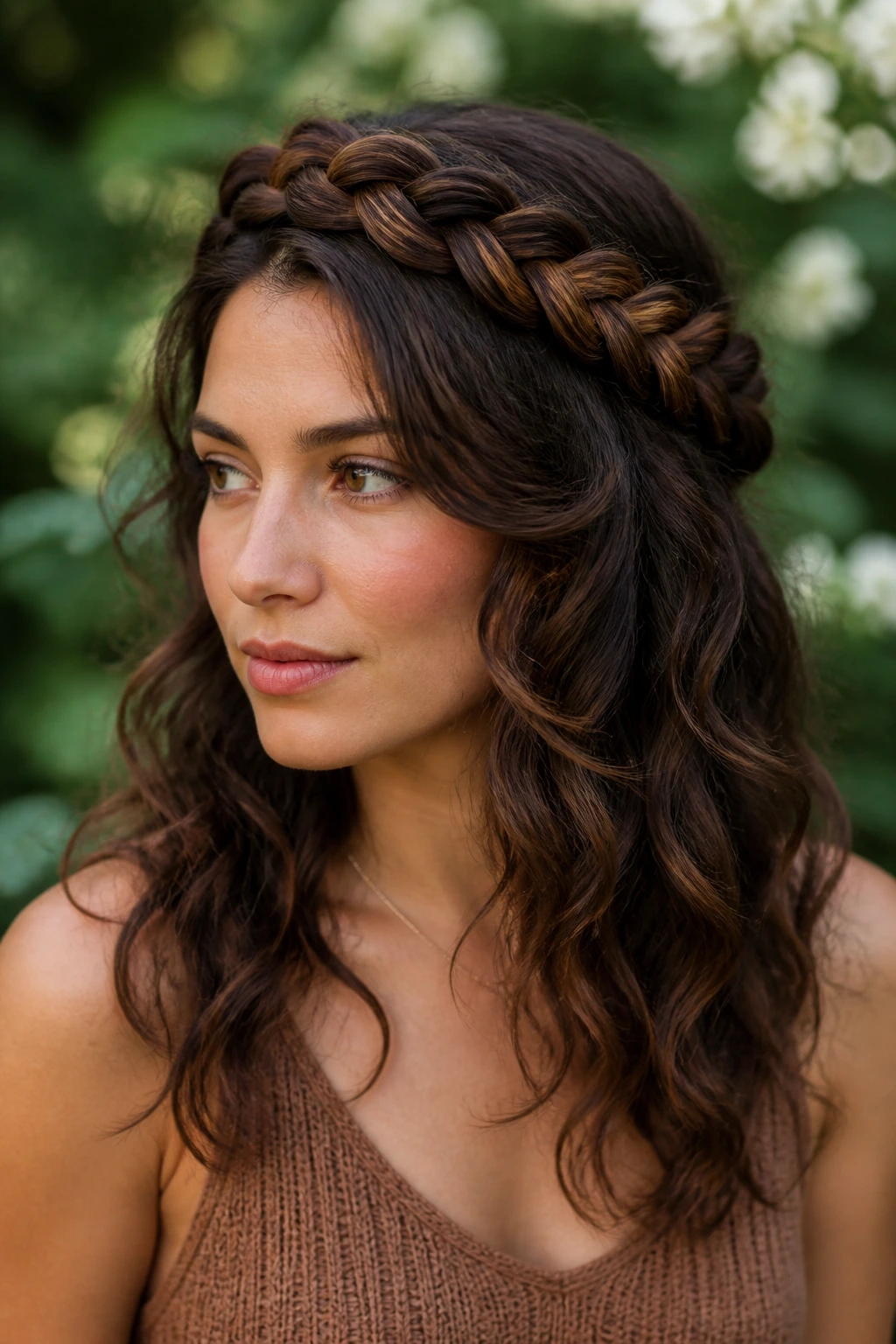 Close-up of a real woman with braided crown showing hidden cocoa panels
