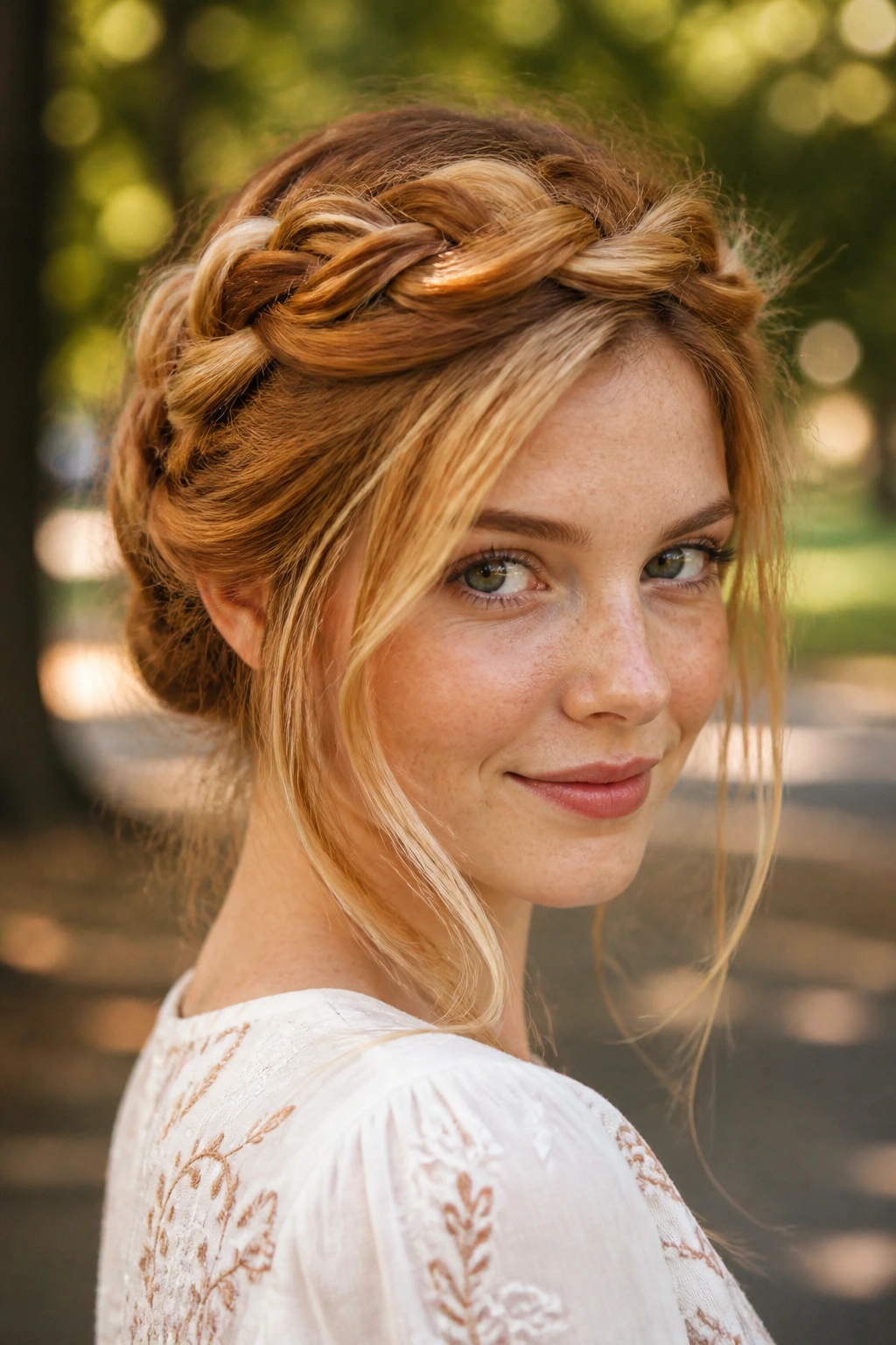 Close-up of a real woman with a loose braided crown in strawberry blonde