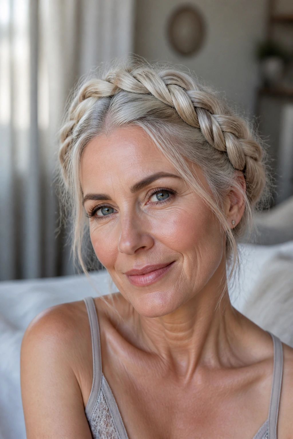 Close-up of a real woman with a loose braided crown and cool blonde weave framing her face
