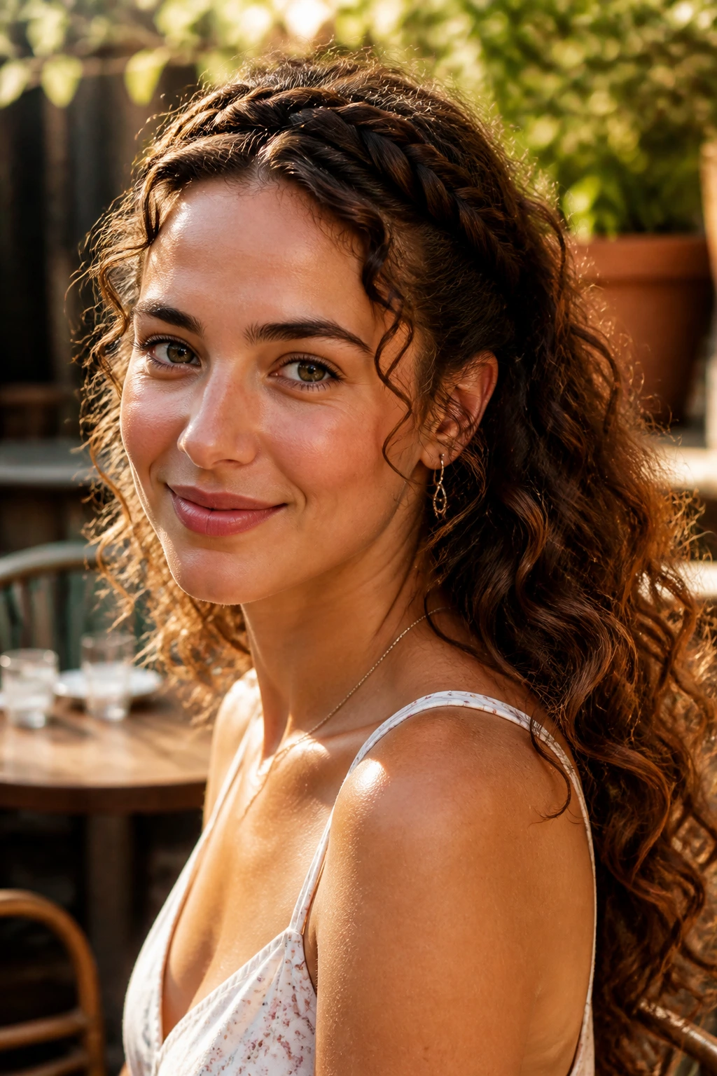 Portrait of a real woman with a braided crown and loose back curls outdoors